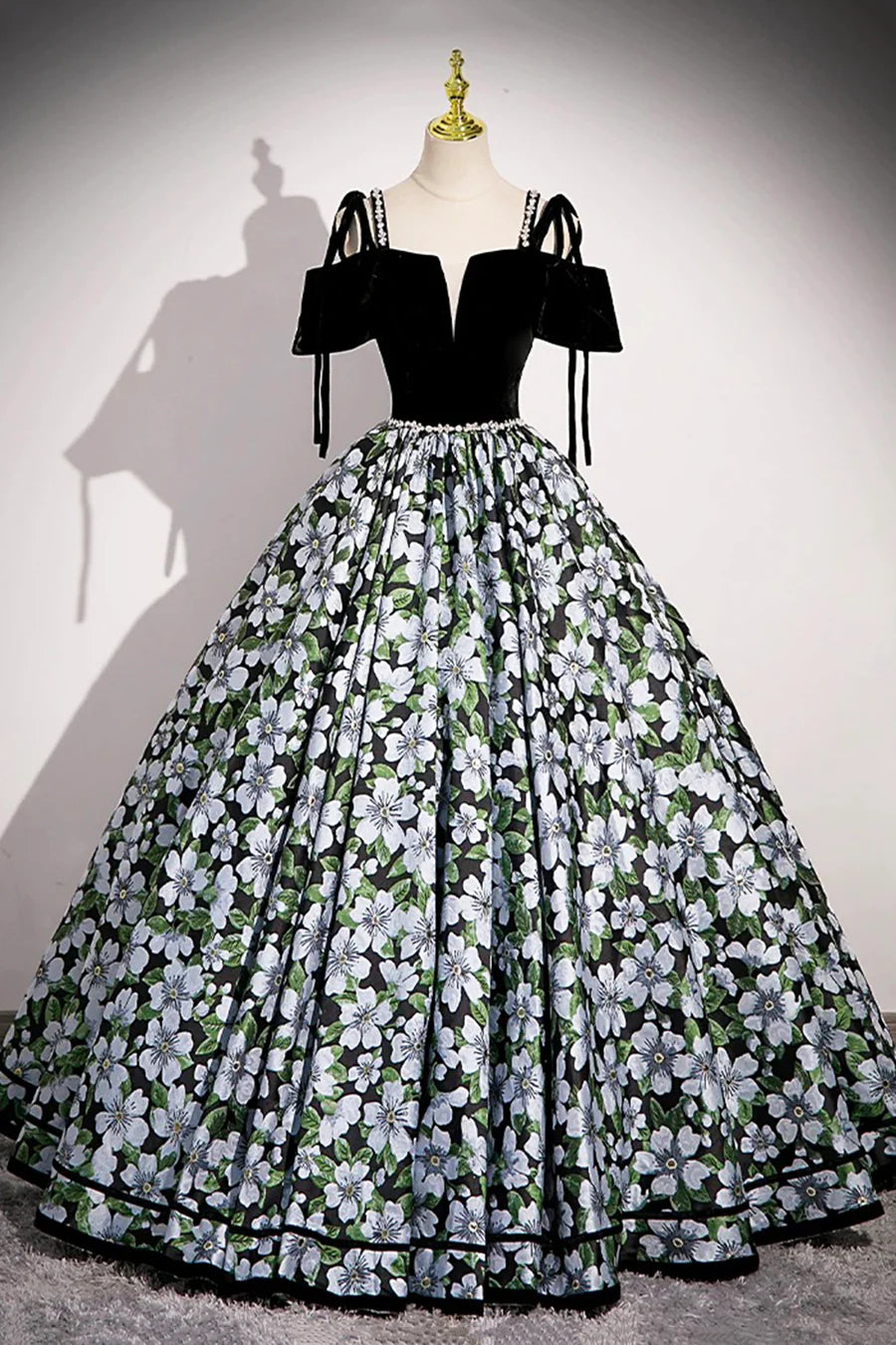 Elegant Black Velvet and Floral Pattern V Neck A-Line Long Prom Dress Party Dress