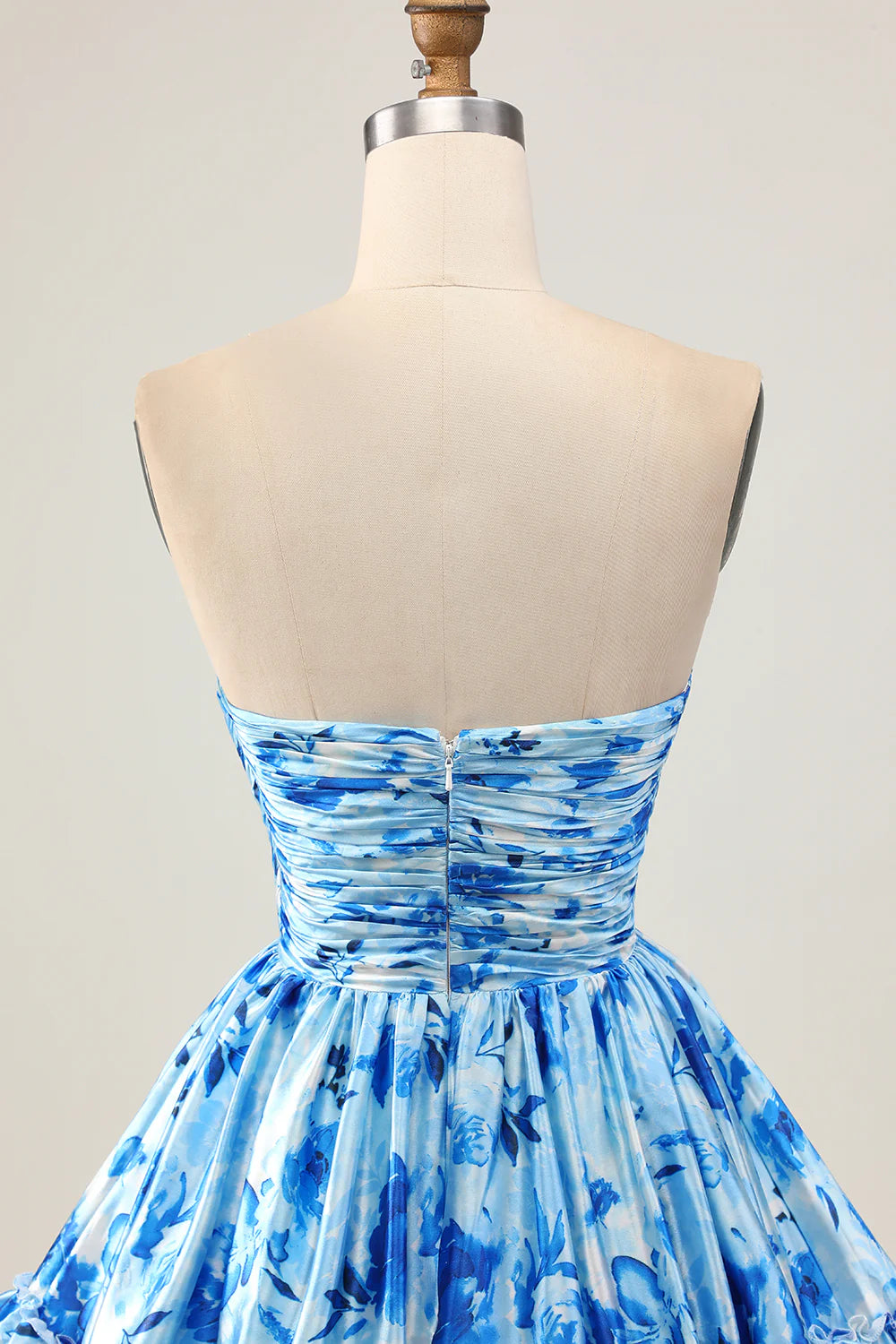 Elegant Blue Floral Strapless Sweetheart Collar A Line Short Ruched Homecoming Dress
