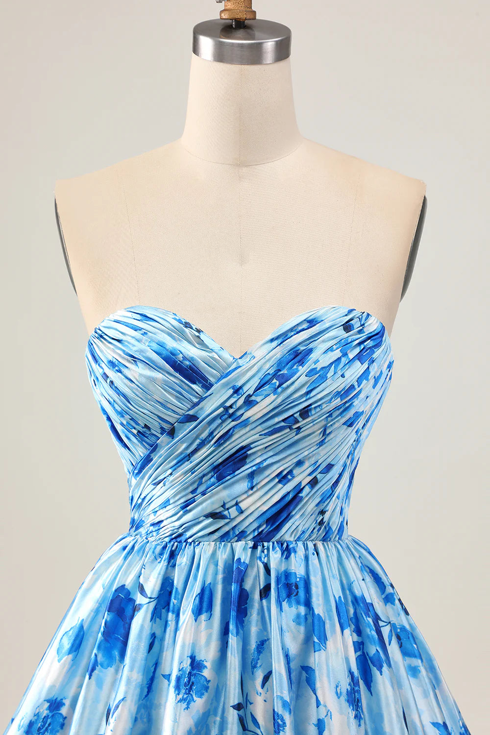 Elegant Blue Floral Strapless Sweetheart Collar A Line Short Ruched Homecoming Dress