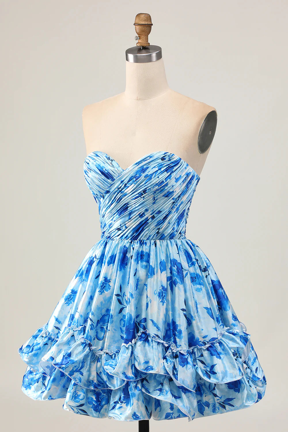 Elegant Blue Floral Strapless Sweetheart Collar A Line Short Ruched Homecoming Dress