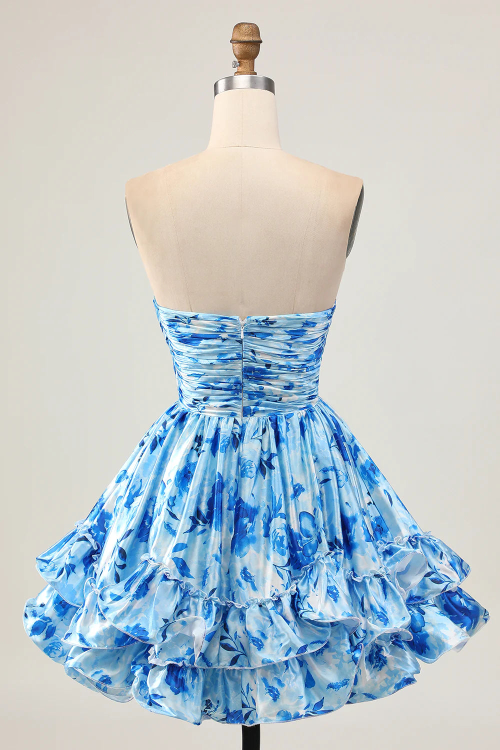 Elegant Blue Floral Strapless Sweetheart Collar A Line Short Ruched Homecoming Dress