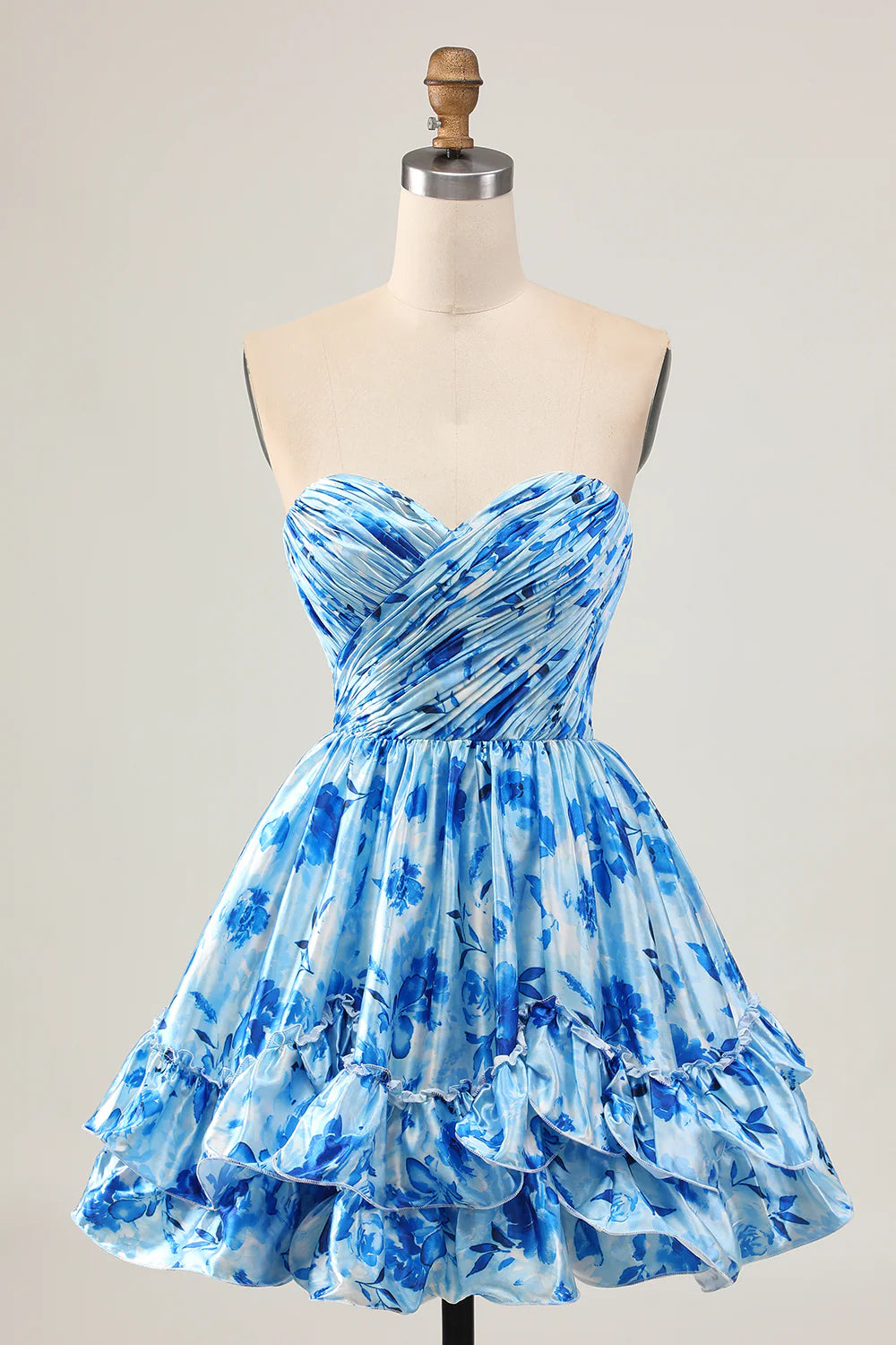 Elegant Blue Floral Strapless Sweetheart Collar A Line Short Ruched Homecoming Dress