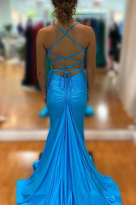 Elegant Blue Satin Mermaid V Neck Spaghetti Straps Long Prom Dress With Criss Cross Back