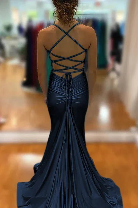 Elegant Blue Satin Mermaid V Neck Spaghetti Straps Long Prom Dress With Criss Cross Back
