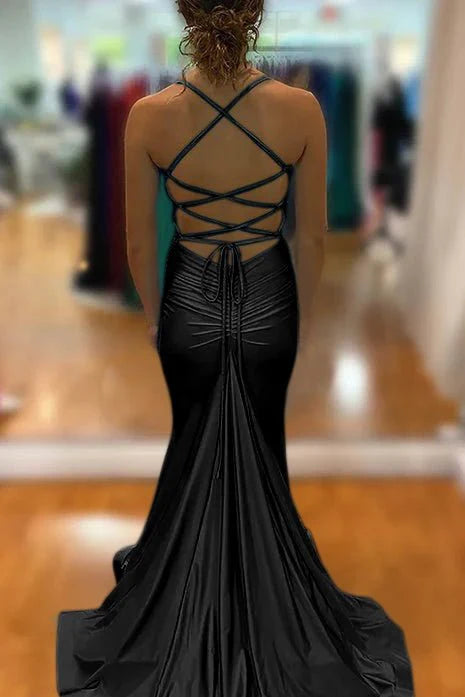 Elegant Blue Satin Mermaid V Neck Spaghetti Straps Long Prom Dress With Criss Cross Back