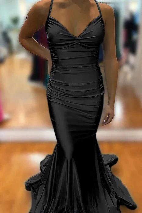 Elegant Blue Satin Mermaid V Neck Spaghetti Straps Long Prom Dress With Criss Cross Back