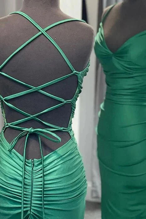 Elegant Blue Satin Mermaid V Neck Spaghetti Straps Long Prom Dress With Criss Cross Back