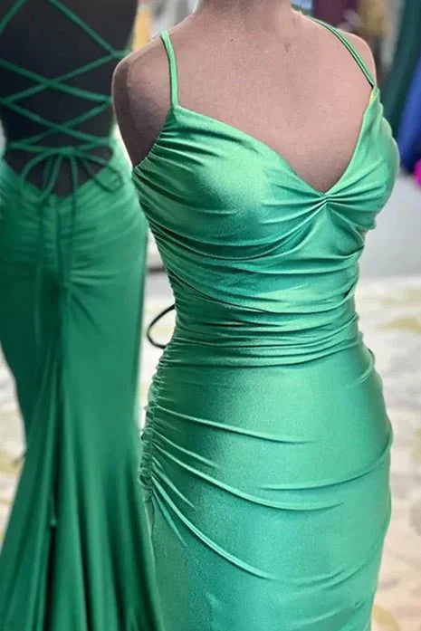 Elegant Blue Satin Mermaid V Neck Spaghetti Straps Long Prom Dress With Criss Cross Back