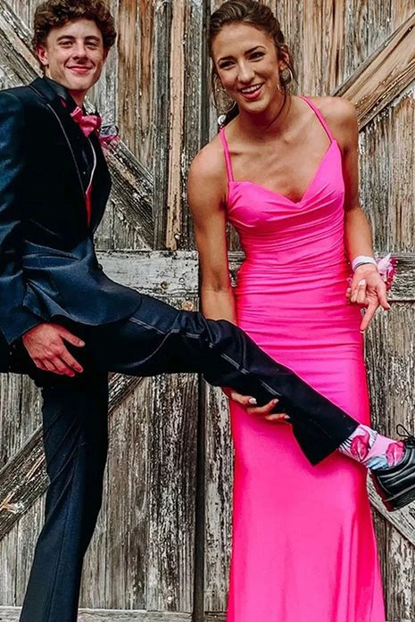 Elegant Blue Satin Mermaid V Neck Spaghetti Straps Long Prom Dress With Criss Cross Back