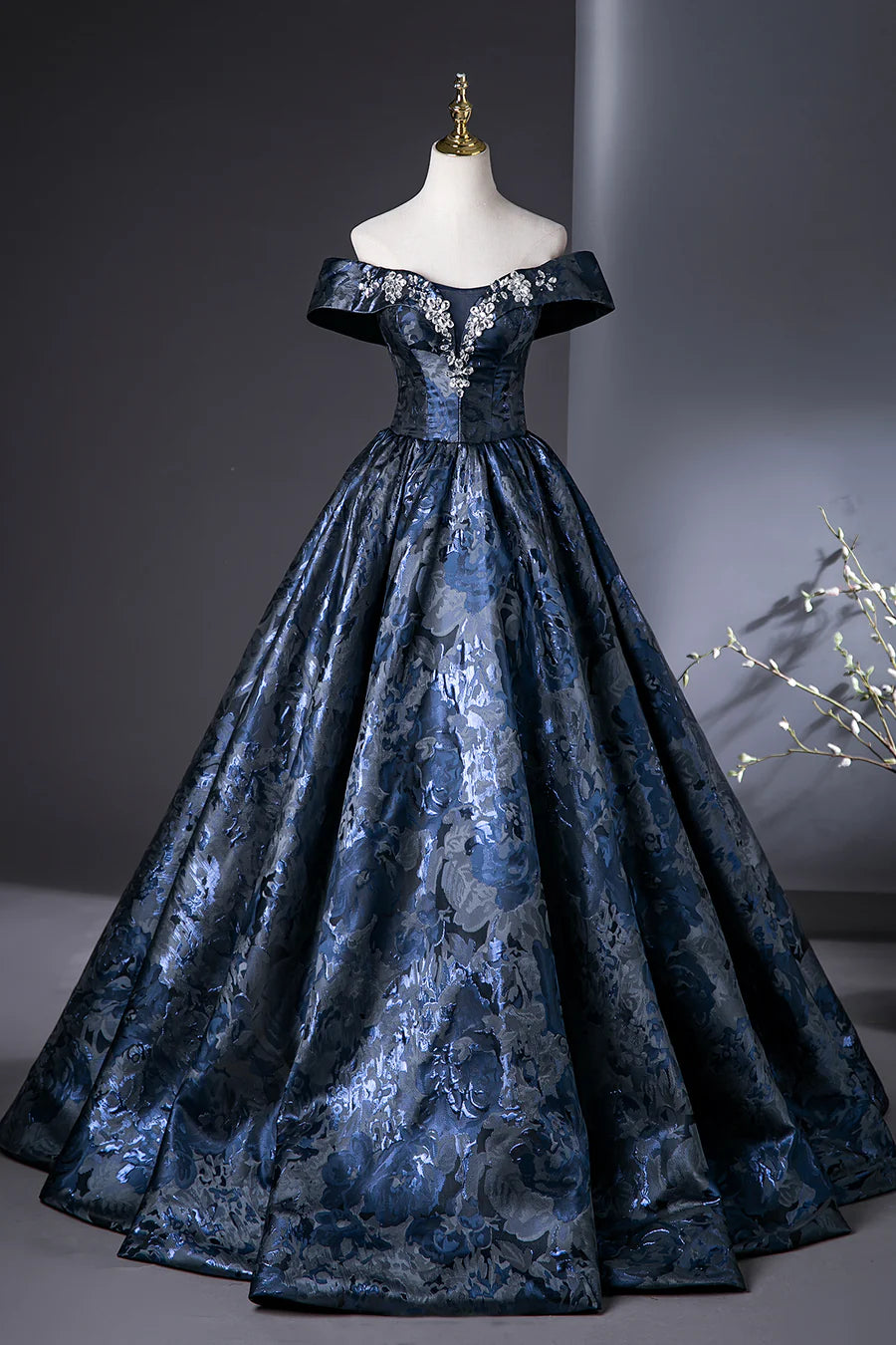 Elegant Blue Satin Printed Pattern A-Line Long Prom Dress Evening Party Dress