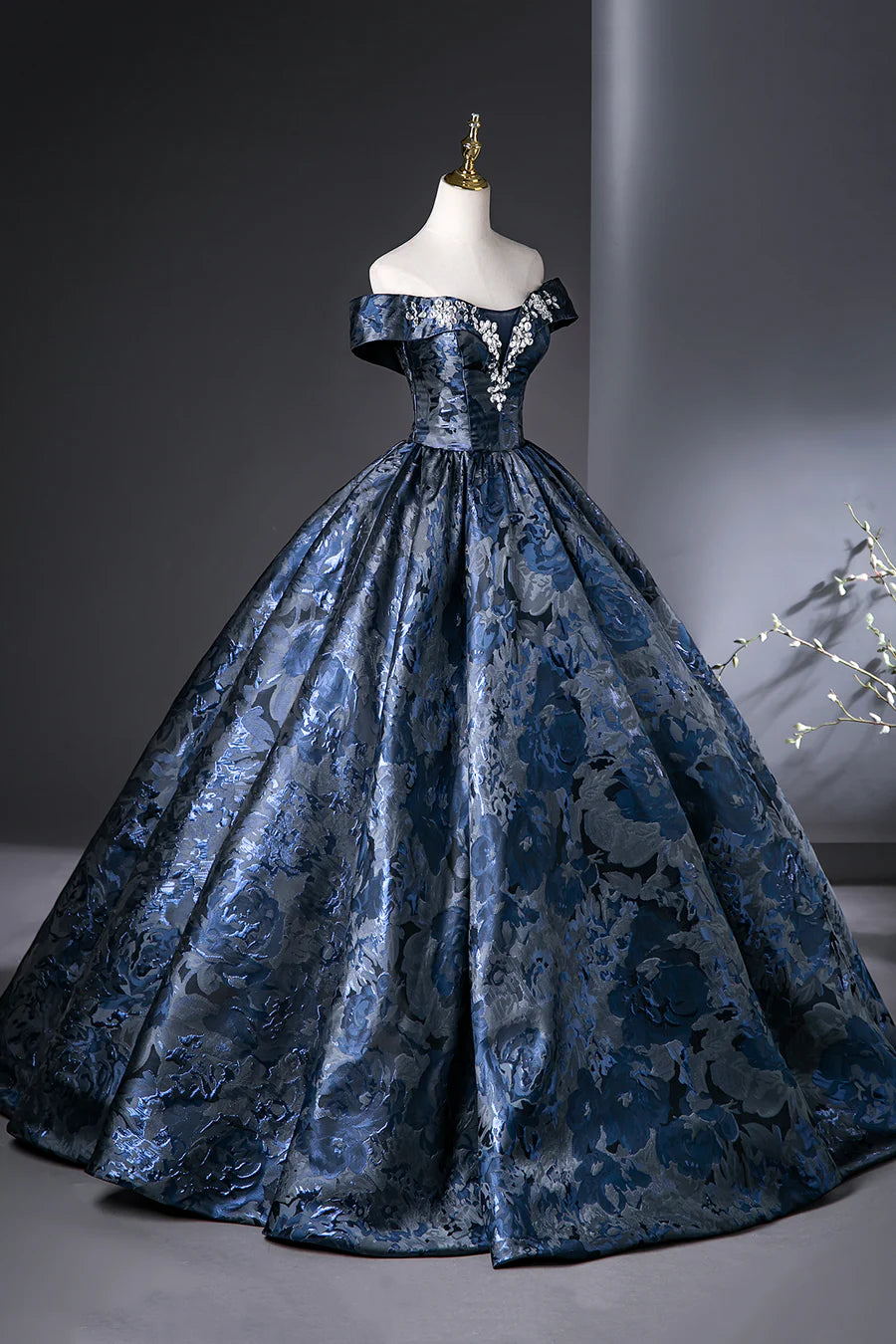 Elegant Blue Satin Printed Pattern A-Line Long Prom Dress Evening Party Dress