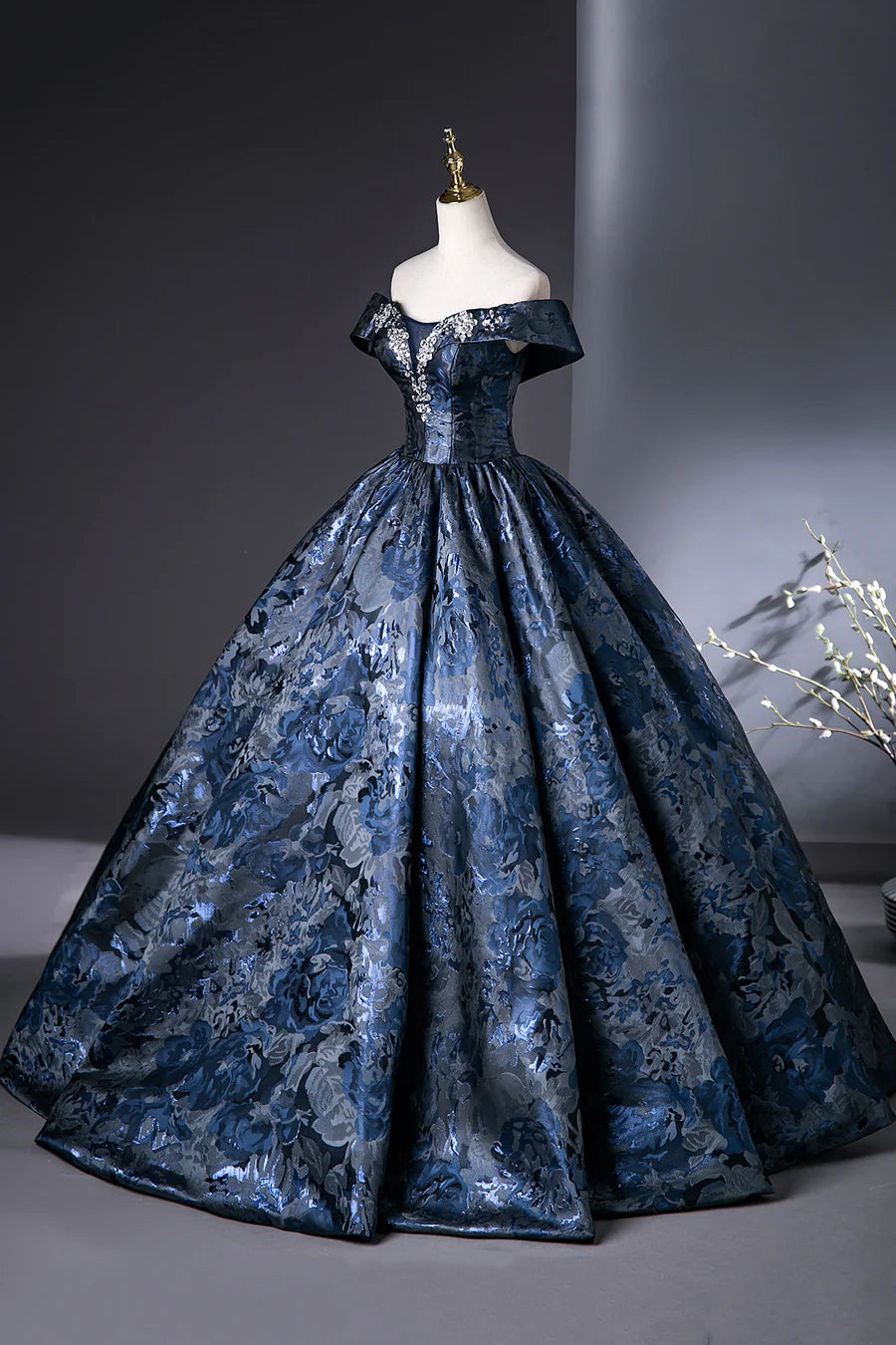 Elegant Blue Satin Printed Pattern A-Line Long Prom Dress Evening Party Dress