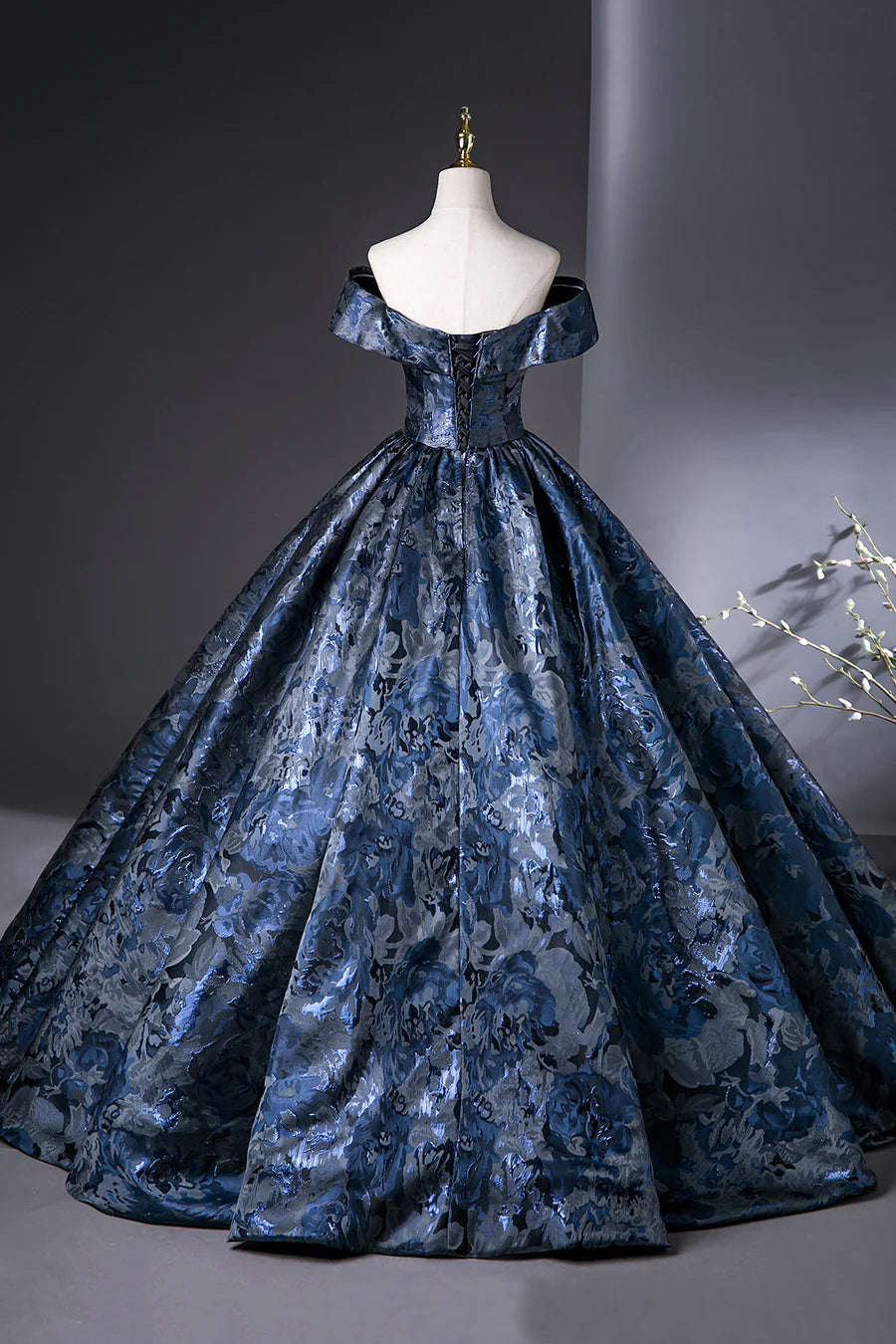 Elegant Blue Satin Printed Pattern A-Line Long Prom Dress Evening Party Dress