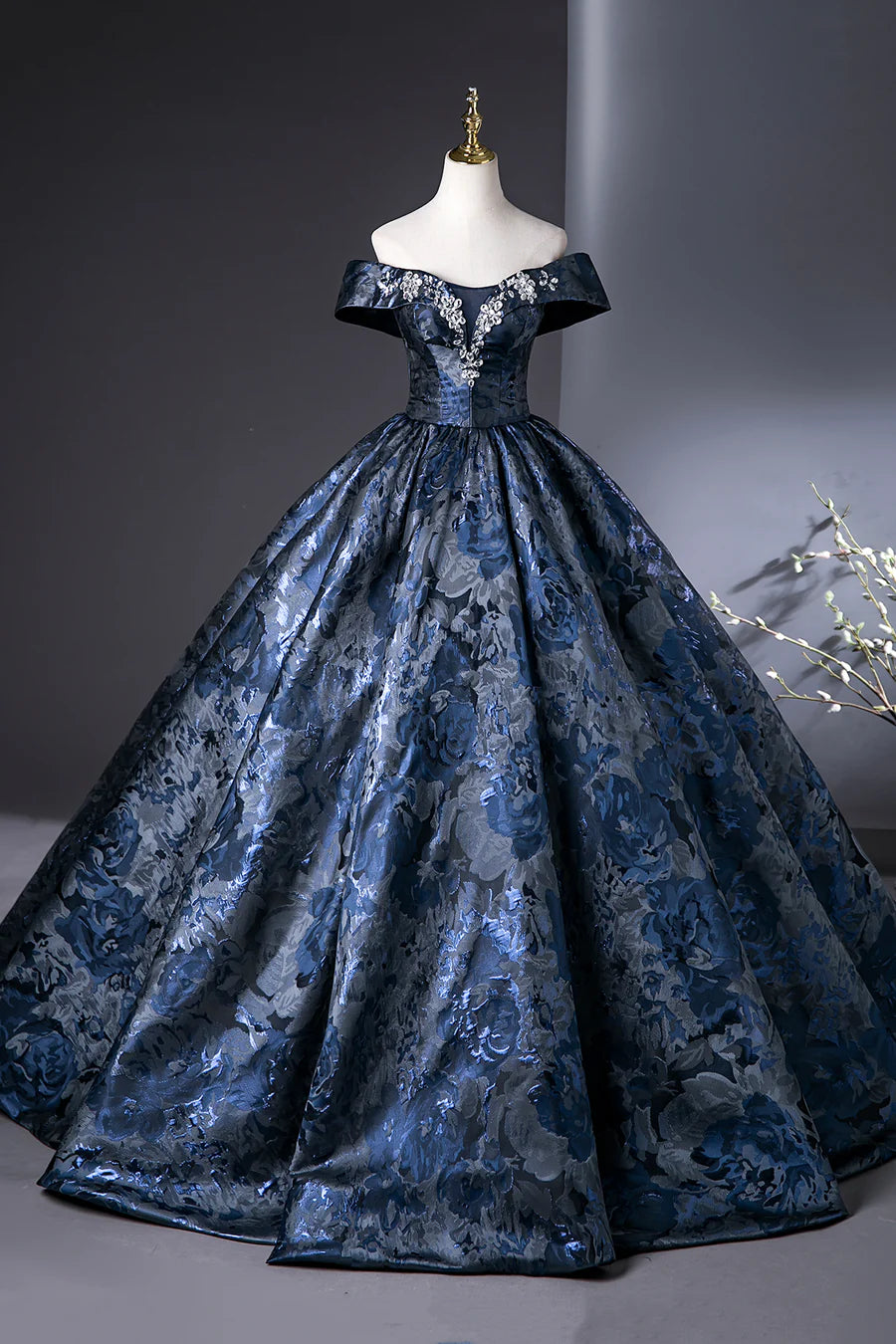 Elegant Blue Satin Printed Pattern A-Line Long Prom Dress Evening Party Dress