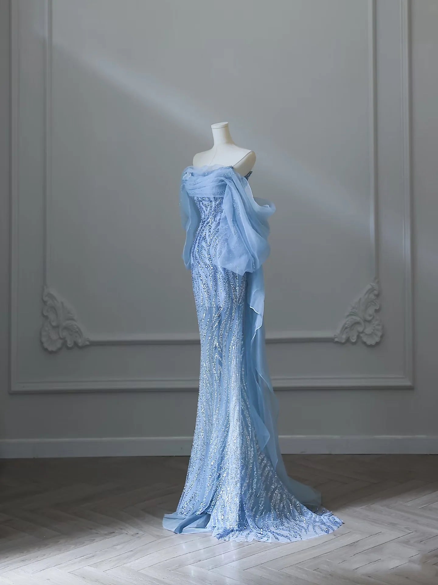 Elegant Blue Sequin Mermaid Off The Shoulder Long Prom Dresses Evening Gowns With Train