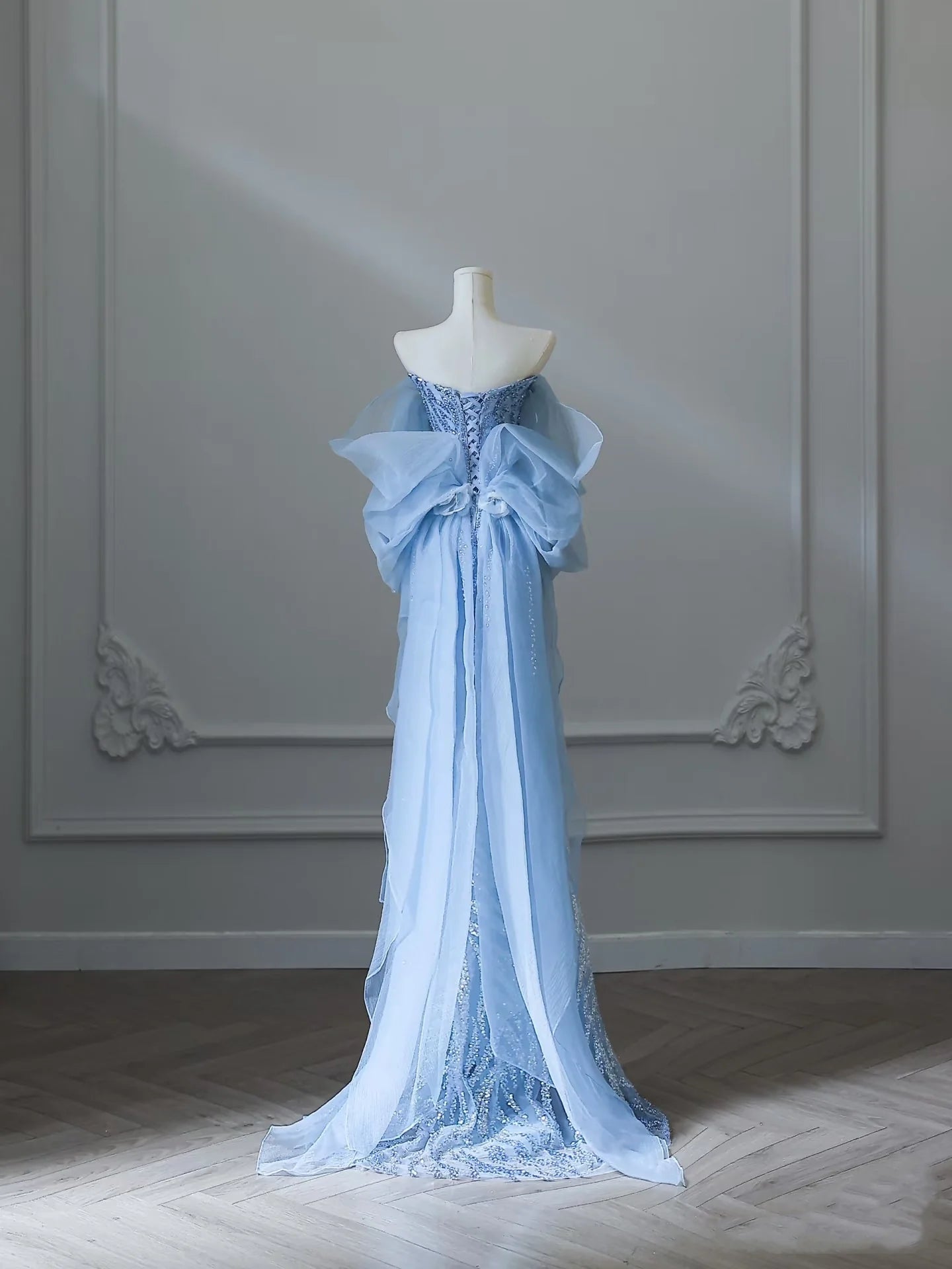 Elegant Blue Sequin Mermaid Off The Shoulder Long Prom Dresses Evening Gowns With Train