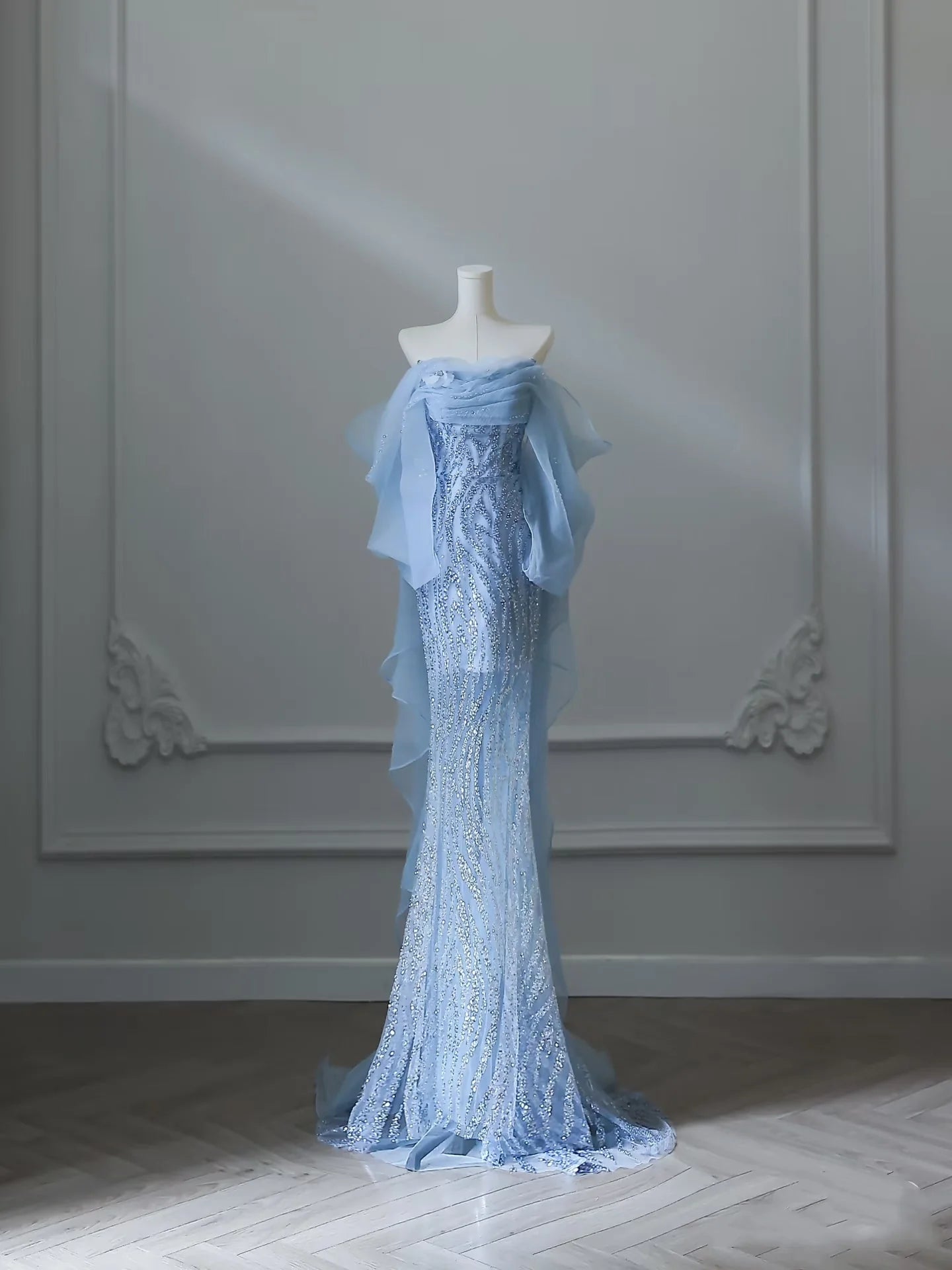 Elegant Blue Sequin Mermaid Off The Shoulder Long Prom Dresses Evening Gowns With Train