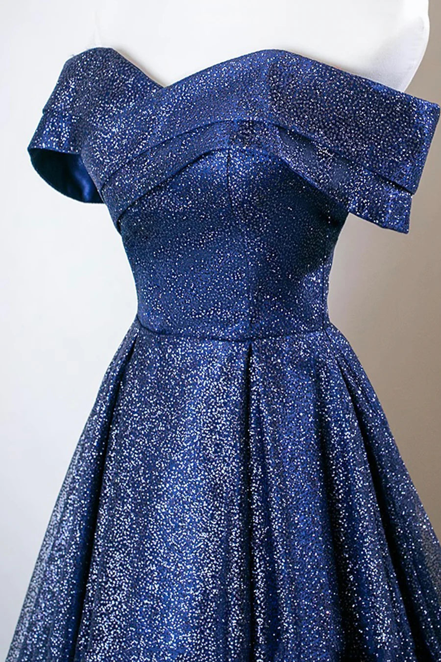 Elegant Blue Sequins Tulle Pleated V Neck A-Line Long Prom Dress Off the Shoulder Party Dress