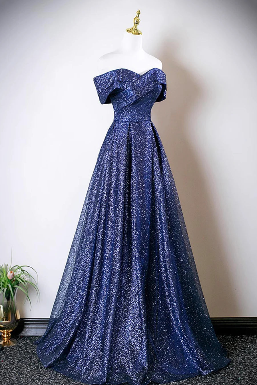 Elegant Blue Sequins Tulle Pleated V Neck A-Line Long Prom Dress Off the Shoulder Party Dress