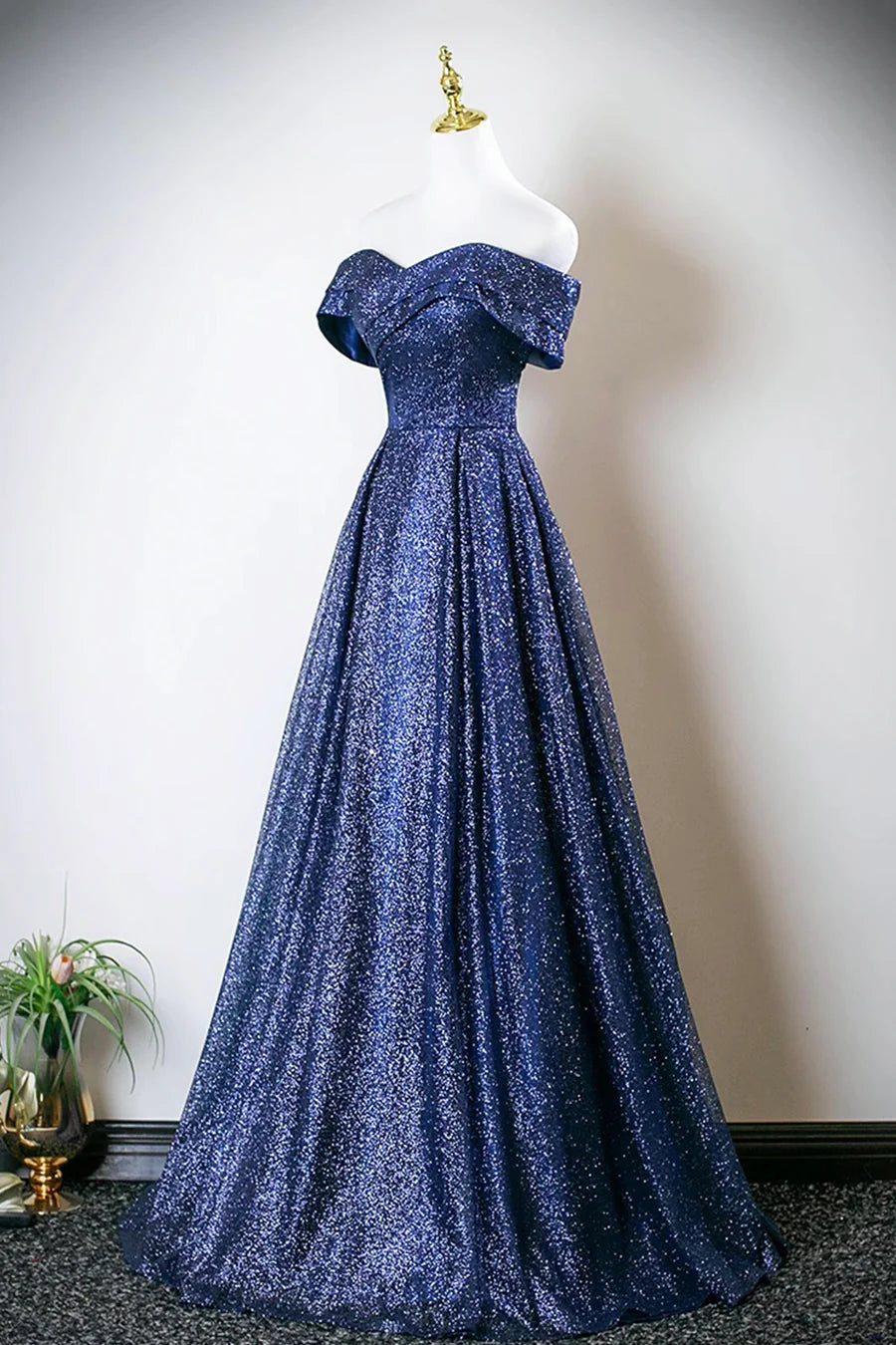 Elegant Blue Sequins Tulle Pleated V Neck A-Line Long Prom Dress Off the Shoulder Party Dress