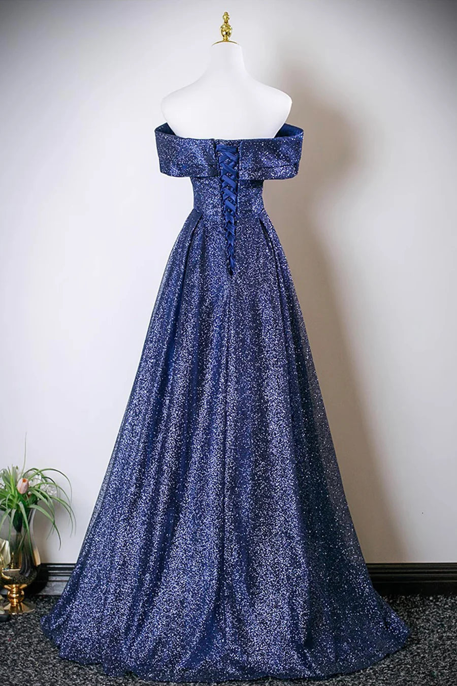 Elegant Blue Sequins Tulle Pleated V Neck A-Line Long Prom Dress Off the Shoulder Party Dress