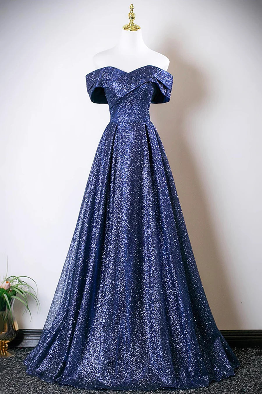 Elegant Blue Sequins Tulle Pleated V Neck A-Line Long Prom Dress Off the Shoulder Party Dress