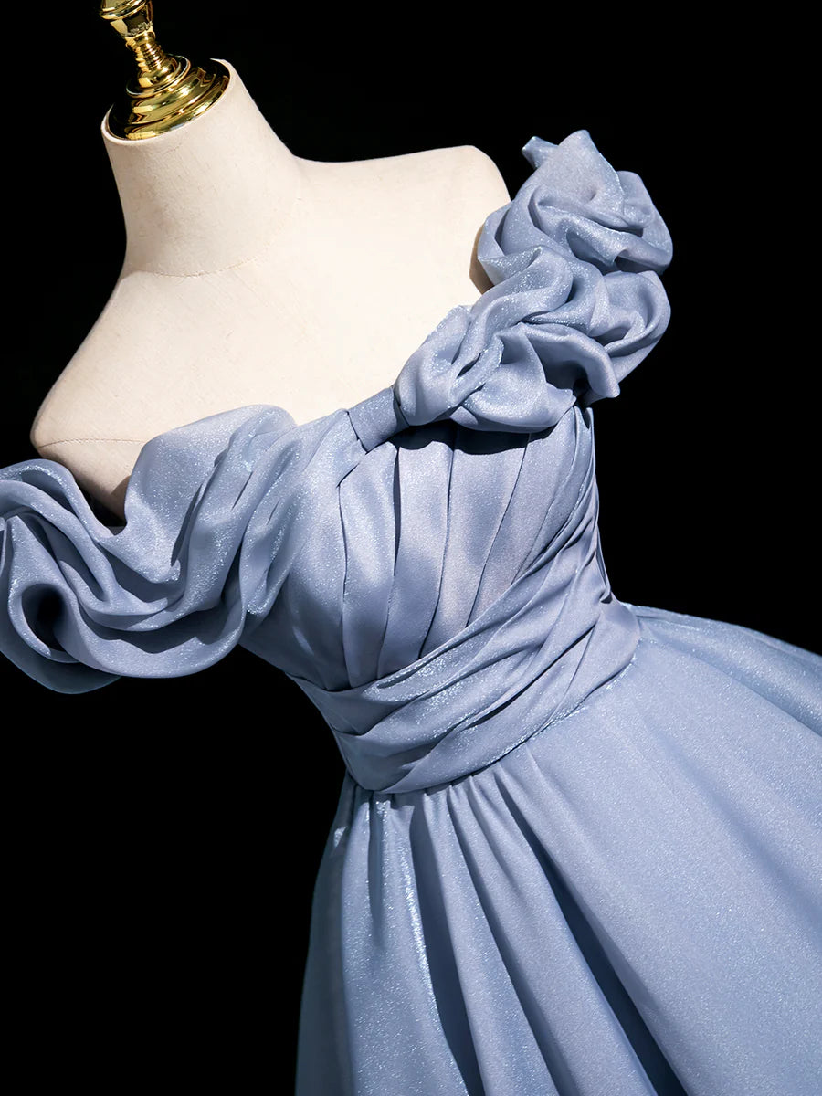 Elegant Blue Tulle Pleated Off Shoulder A-Line Floor Length Prom Dress Evening Party Dress