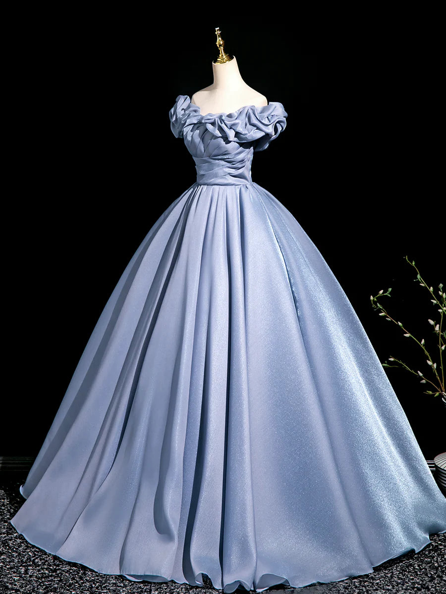 Elegant Blue Tulle Pleated Off Shoulder A-Line Floor Length Prom Dress Evening Party Dress