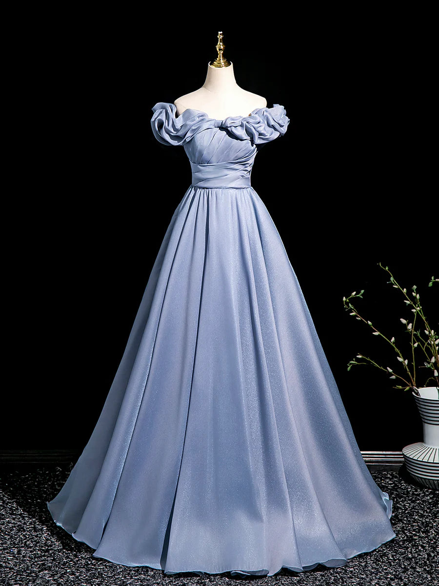Elegant Blue Tulle Pleated Off Shoulder A-Line Floor Length Prom Dress Evening Party Dress
