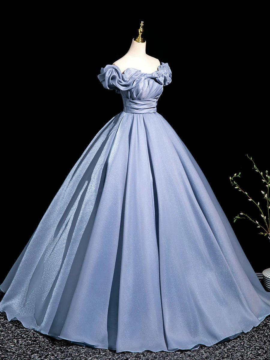 Elegant Blue Tulle Pleated Off Shoulder A-Line Floor Length Prom Dress Evening Party Dress