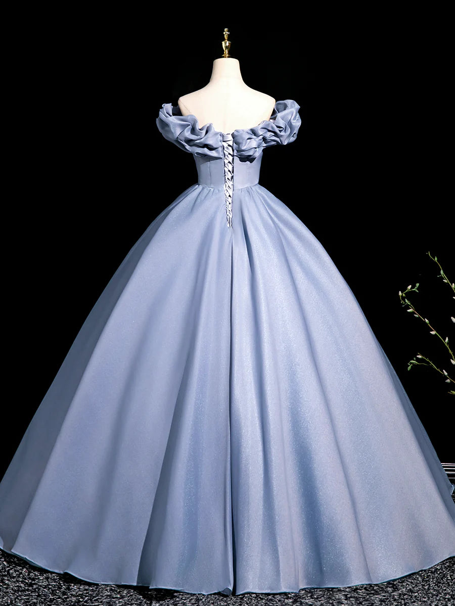 Elegant Blue Tulle Pleated Off Shoulder A-Line Floor Length Prom Dress Evening Party Dress
