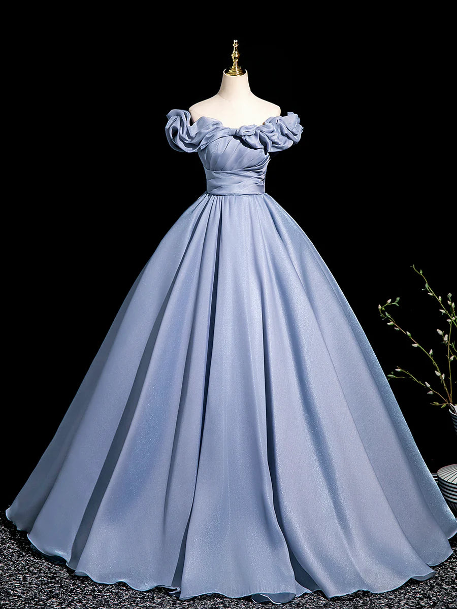 Elegant Blue Tulle Pleated Off Shoulder A-Line Floor Length Prom Dress Evening Party Dress