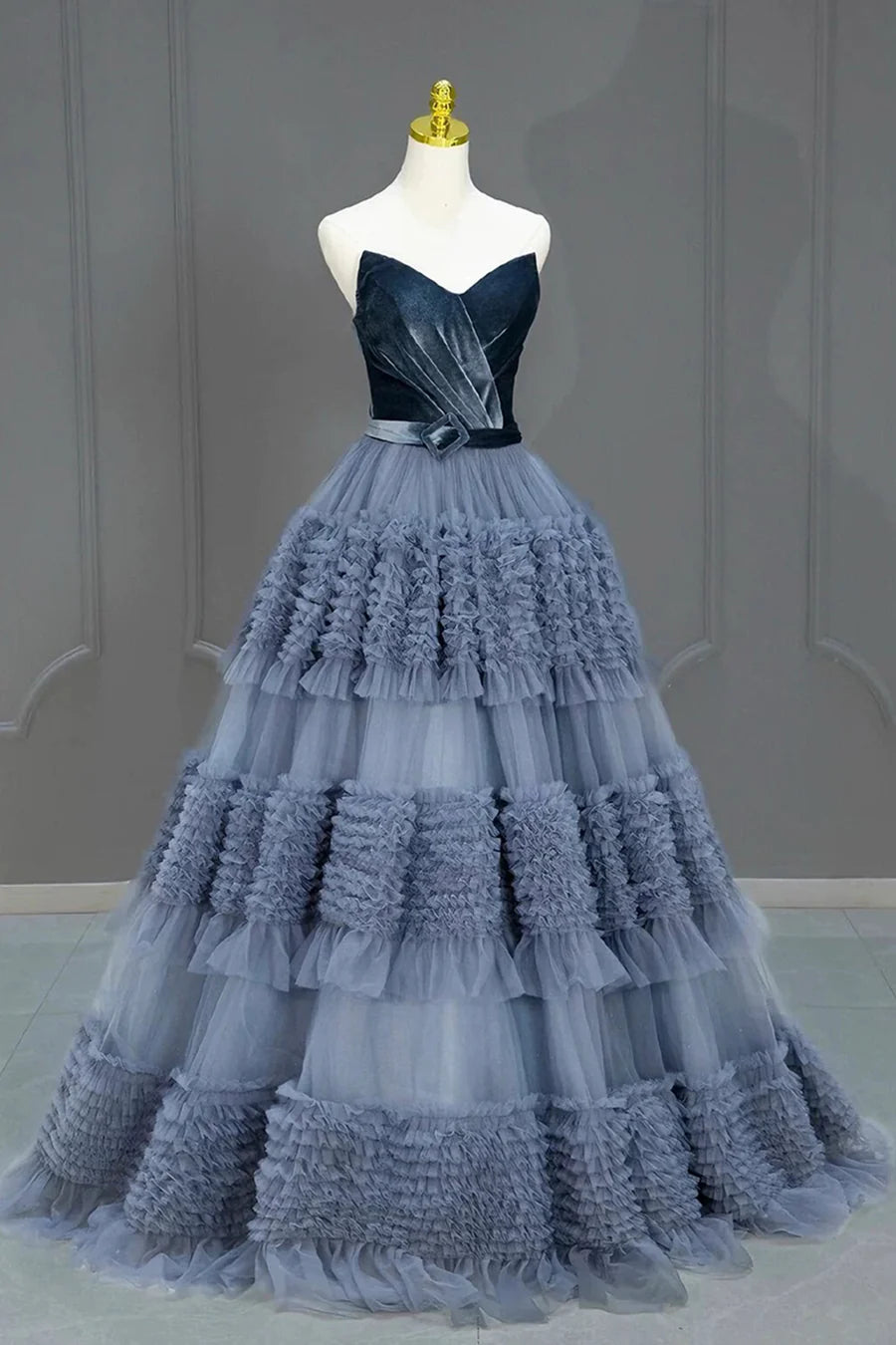 Elegant Blue Velvet Tulle Layered Strapless Ruffled A-Line Long Prom Dress Formal Dress