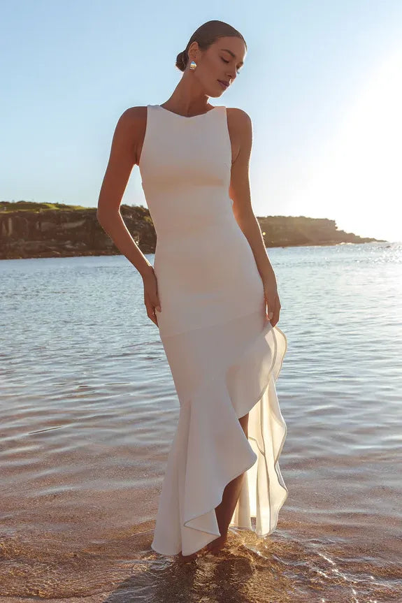 Elegant Boat Neck Ruffle Lace Up Asymmetric Hem White Maxi Evening Dress