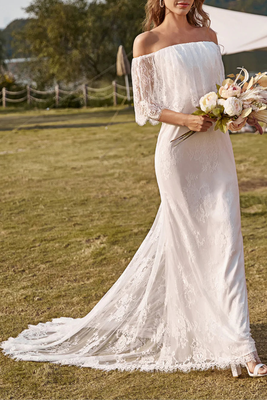 Elegant Boho Ivory Lace Mermaid Off The Shoulder Wedding Dress With Sweep Train