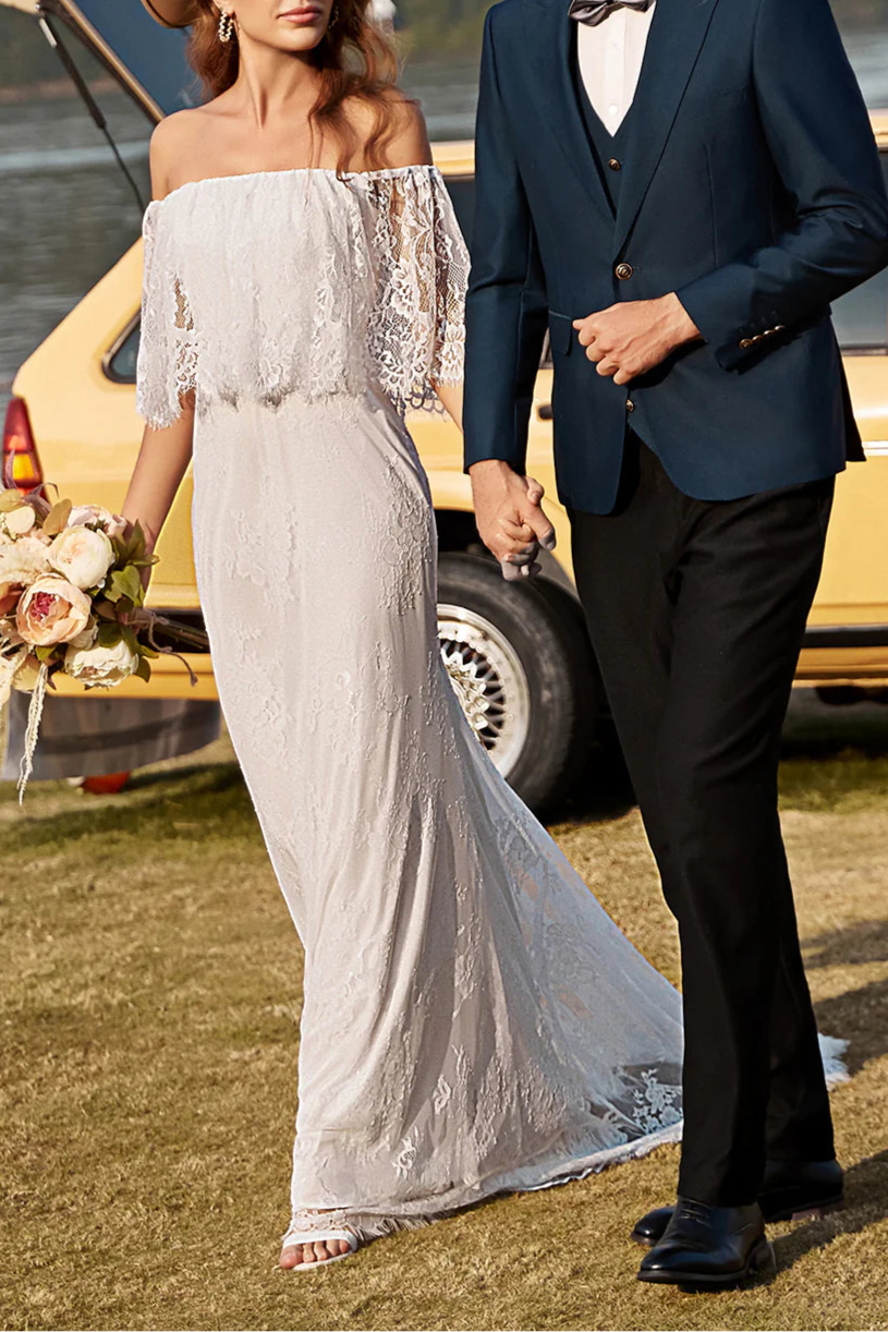 Elegant Boho Ivory Lace Mermaid Off The Shoulder Wedding Dress With Sweep Train