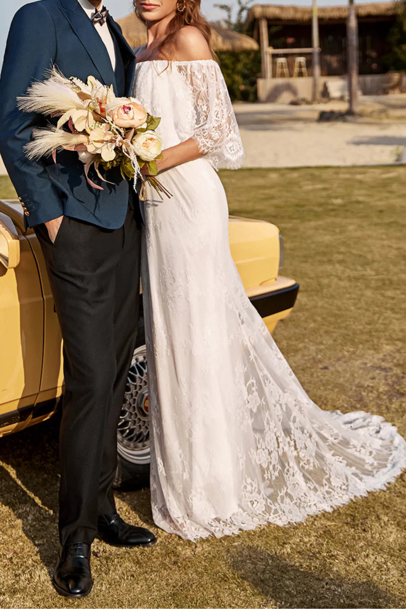 Elegant Boho Ivory Lace Mermaid Off The Shoulder Wedding Dress With Sweep Train