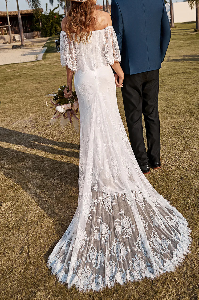Elegant Boho Ivory Lace Mermaid Off The Shoulder Wedding Dress With Sweep Train