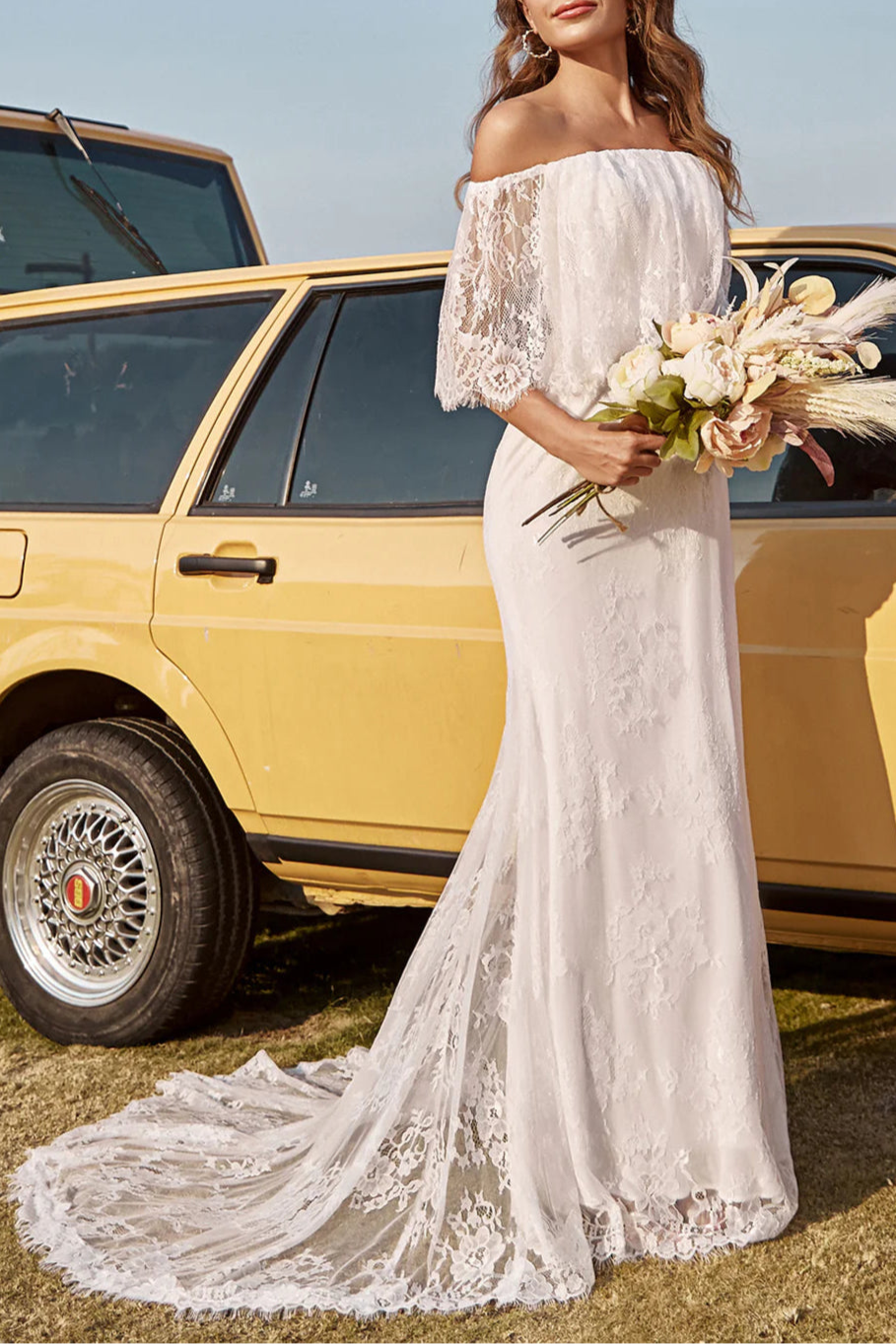 Elegant Boho Ivory Lace Mermaid Off The Shoulder Wedding Dress With Sweep Train