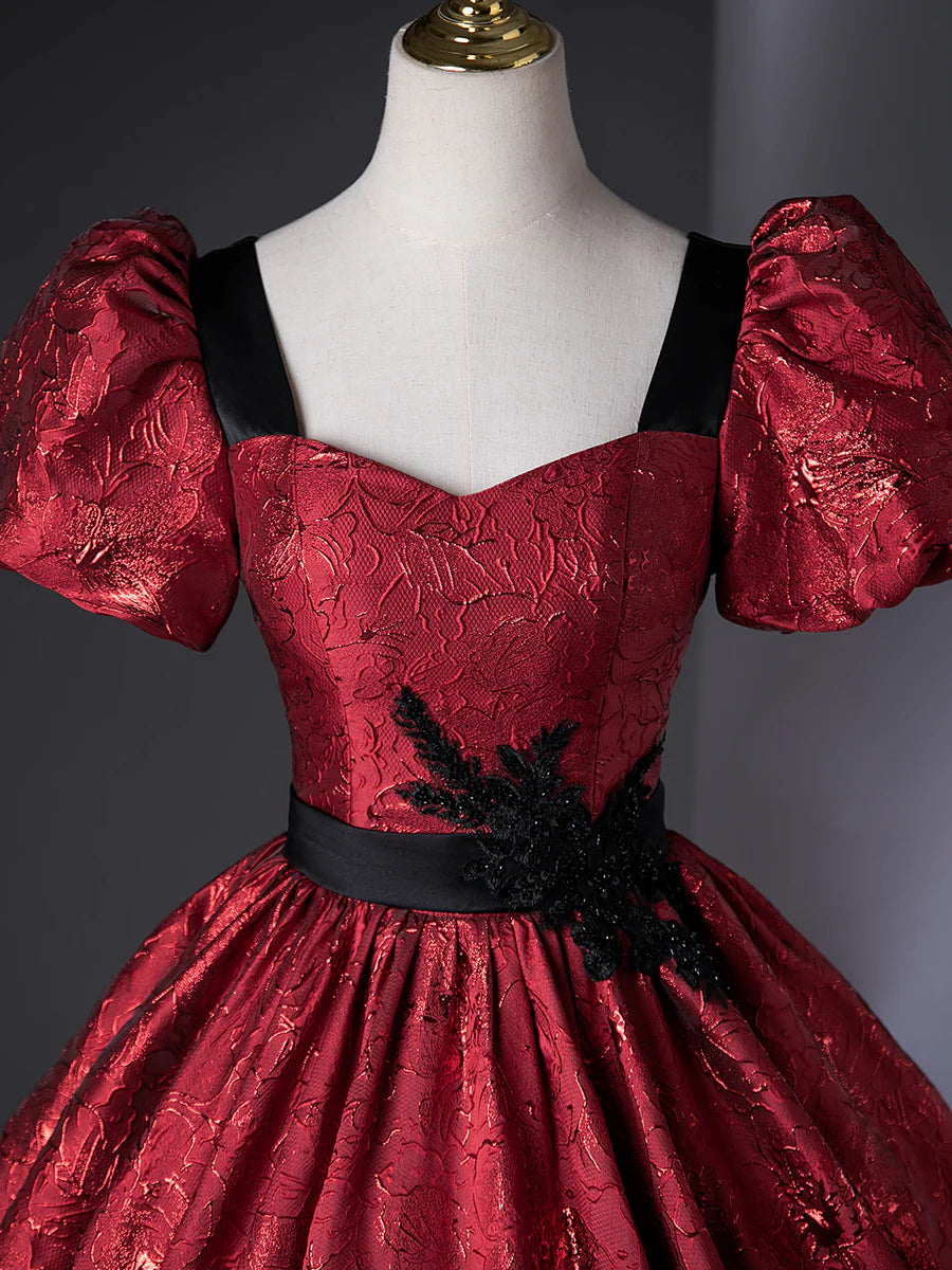 Elegant Burgundy Flower Embroidery Short Sleeve A-Line Floor Length Prom Dress Evening Party Dress