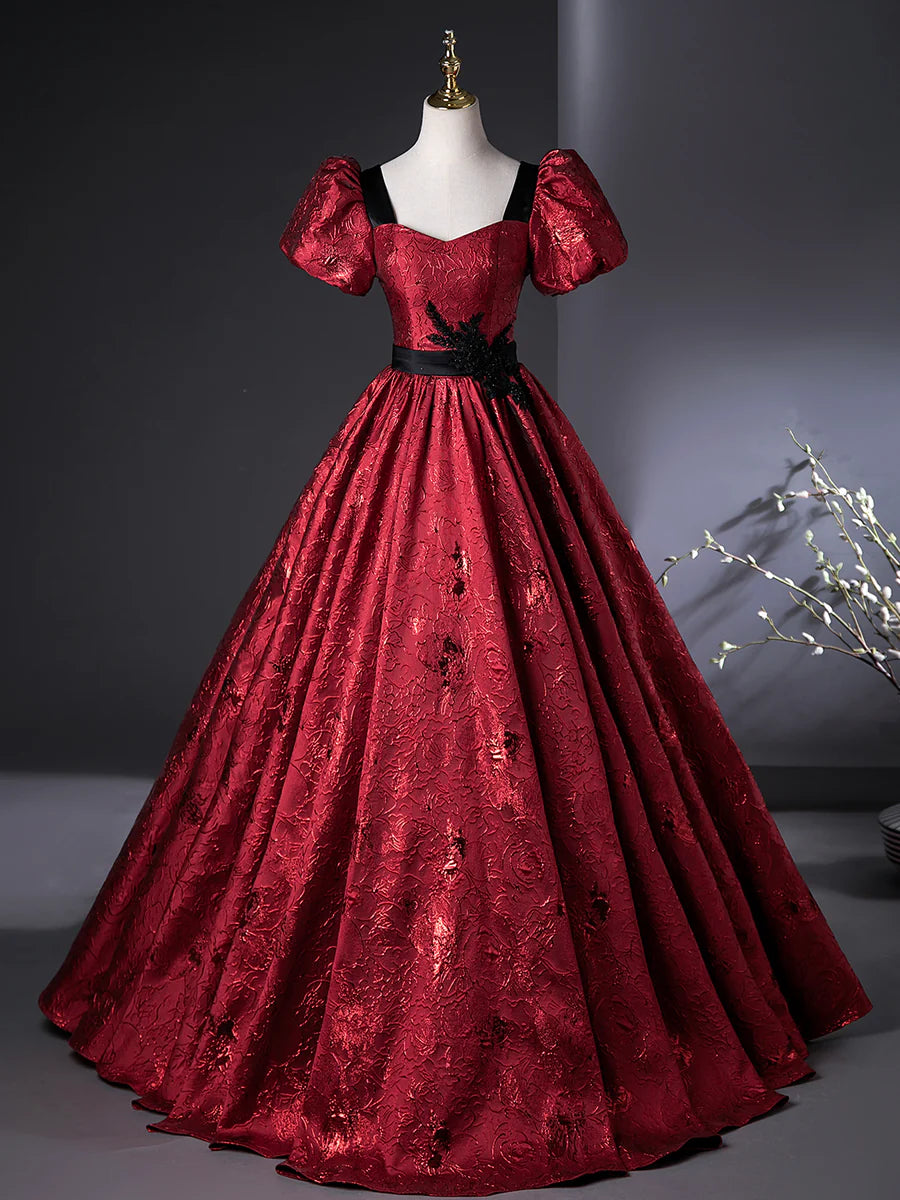 Elegant Burgundy Flower Embroidery Short Sleeve A-Line Floor Length Prom Dress Evening Party Dress