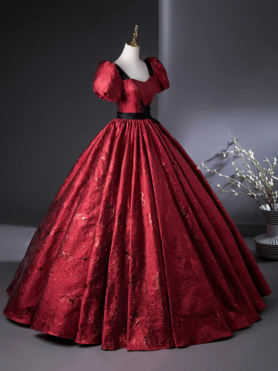 Elegant Burgundy Flower Embroidery Short Sleeve A-Line Floor Length Prom Dress Evening Party Dress