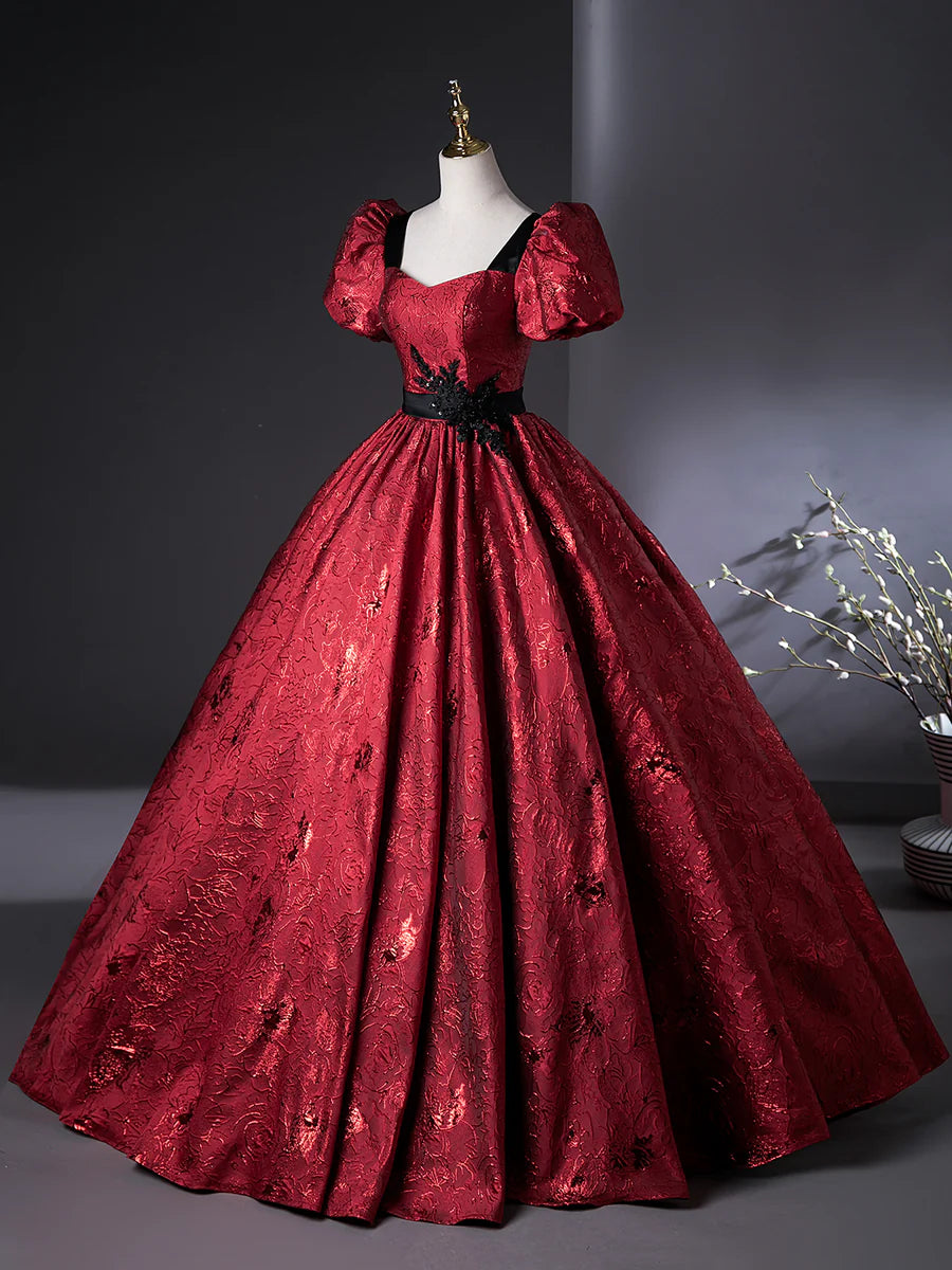 Elegant Burgundy Flower Embroidery Short Sleeve A-Line Floor Length Prom Dress Evening Party Dress