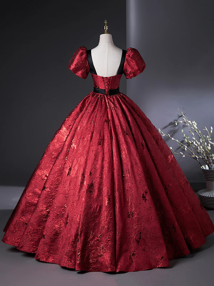 Elegant Burgundy Flower Embroidery Short Sleeve A-Line Floor Length Prom Dress Evening Party Dress