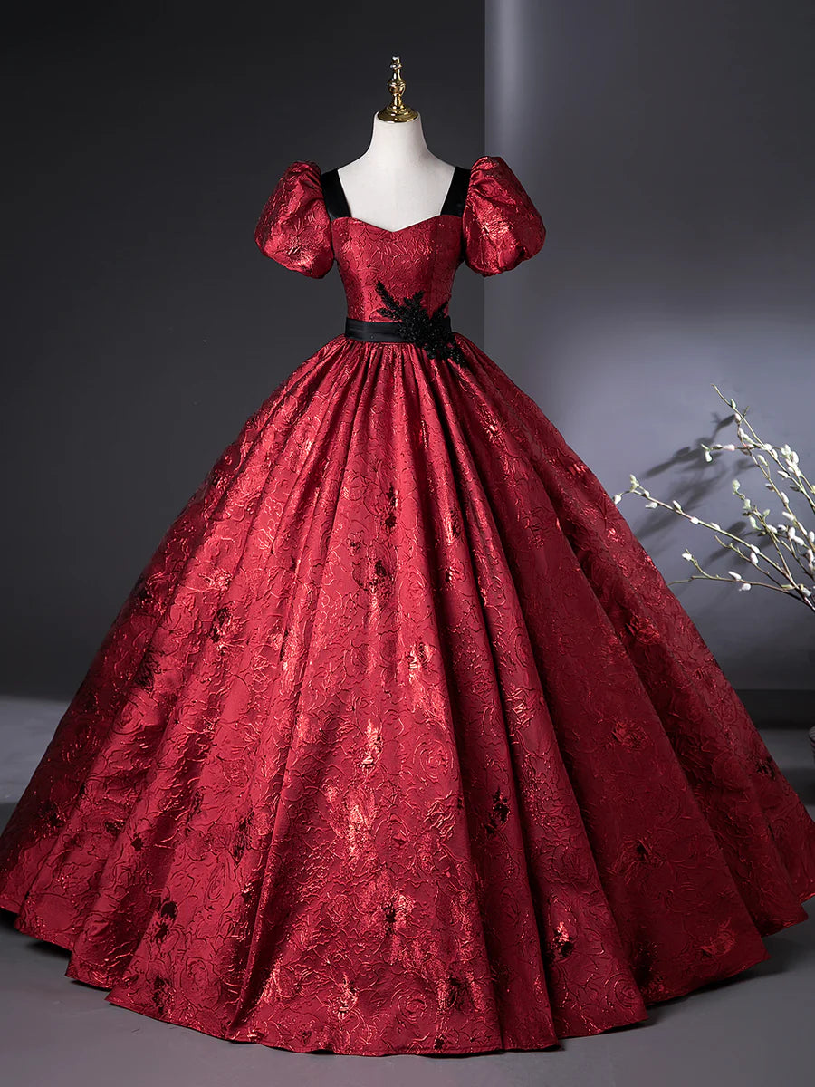 Elegant Burgundy Flower Embroidery Short Sleeve A-Line Floor Length Prom Dress Evening Party Dress