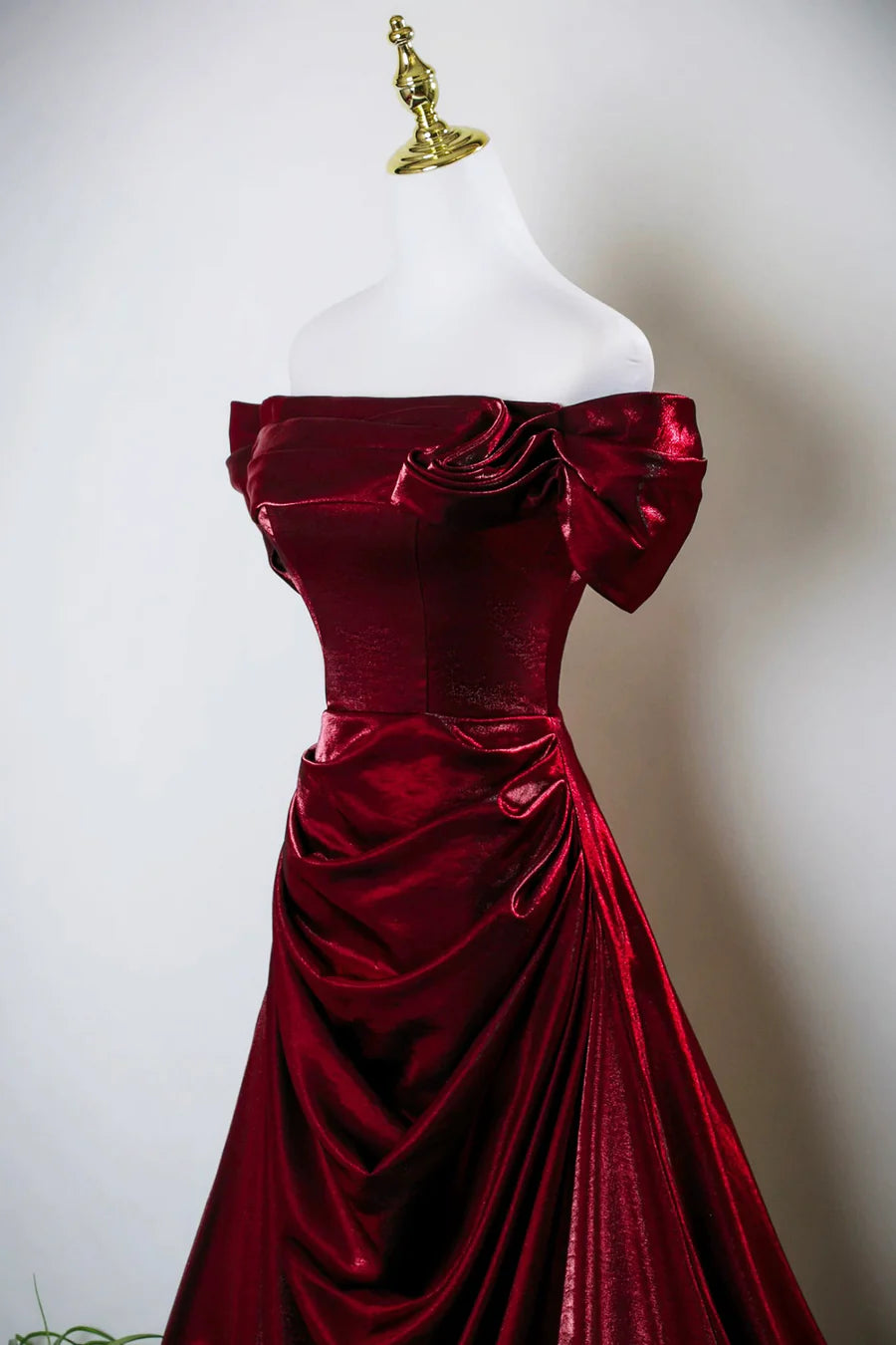 Elegant Burgundy Pleated Off the Shoulder A-Line Long Prom Dress Evening Formal Dress