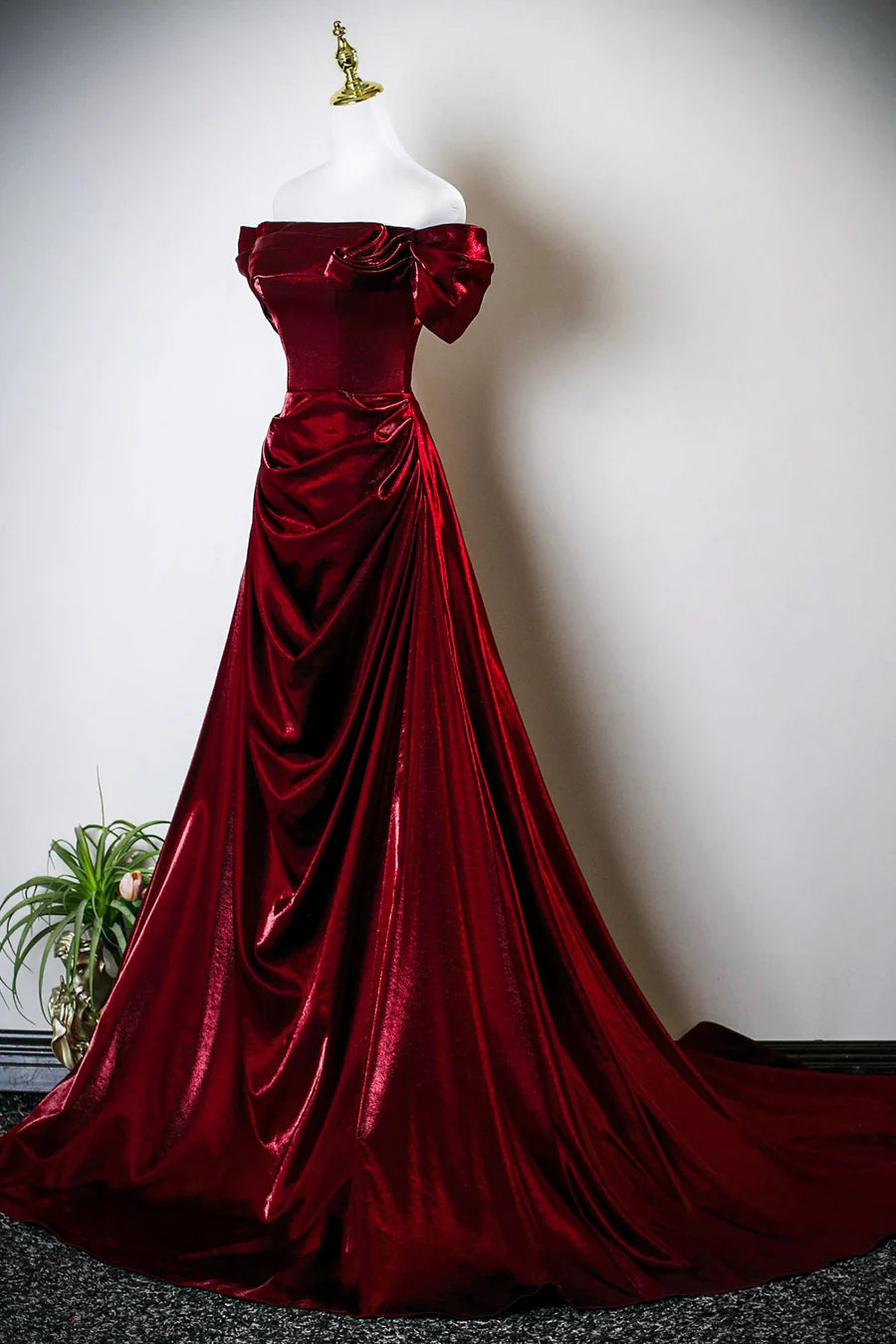 Elegant Burgundy Pleated Off the Shoulder A-Line Long Prom Dress Evening Formal Dress