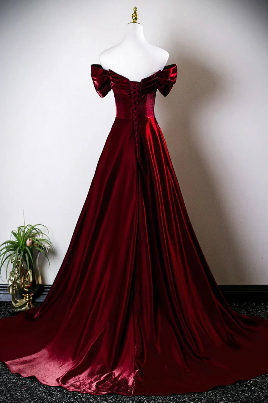 Elegant Burgundy Pleated Off the Shoulder A-Line Long Prom Dress Evening Formal Dress