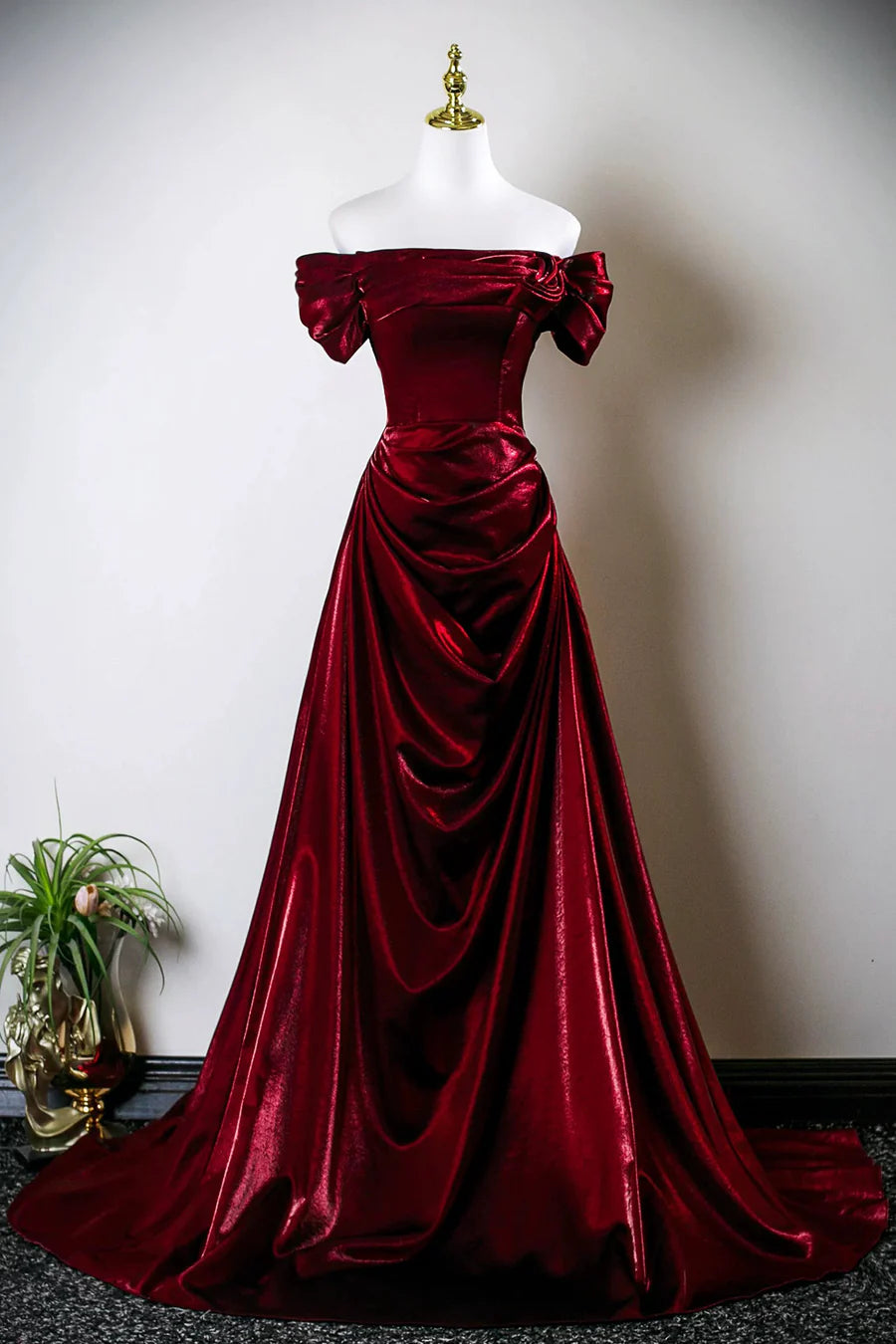 Elegant Burgundy Pleated Off the Shoulder A-Line Long Prom Dress Evening Formal Dress