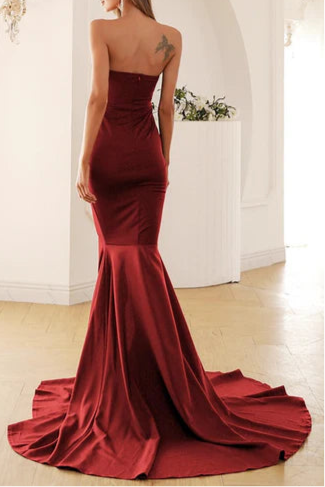 Elegant Burgundy Satin Strapless Side Slit Mermaid Long Evening Dress Prom Dress With Train